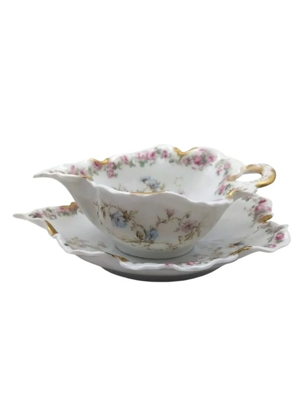 Antique Haviland Porcelain Floral Gravy Boat with Underplate Set Limoges France